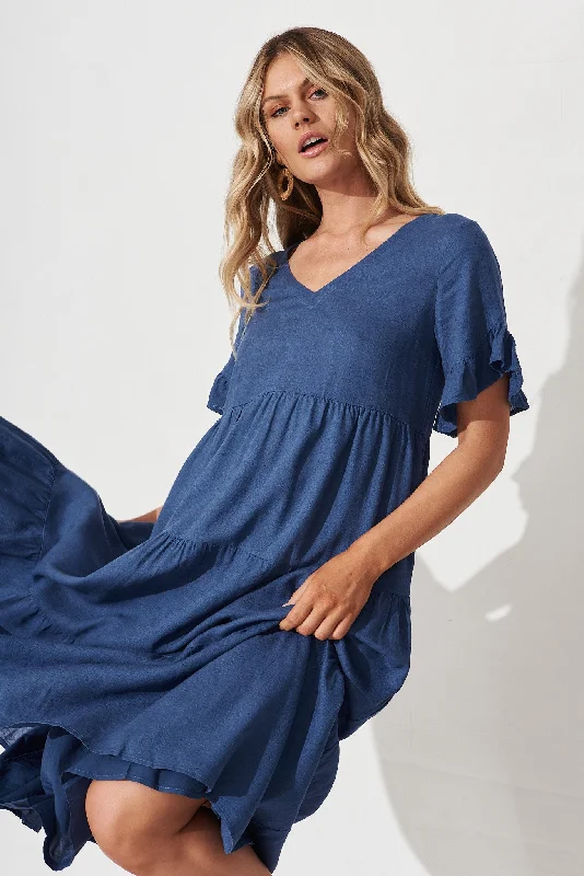 Kristen Midi Dress In Blue Linen Blend