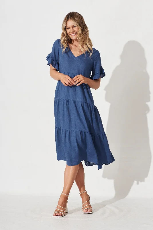 Kristen Midi Dress In Blue Linen Blend