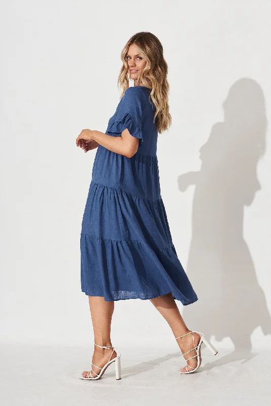 Kristen Midi Dress In Blue Linen Blend