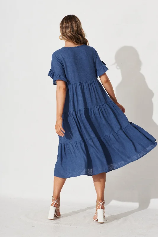 Kristen Midi Dress In Blue Linen Blend