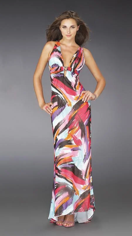 La Femme - 14319 Deep V-neckline Printed Evening Dress