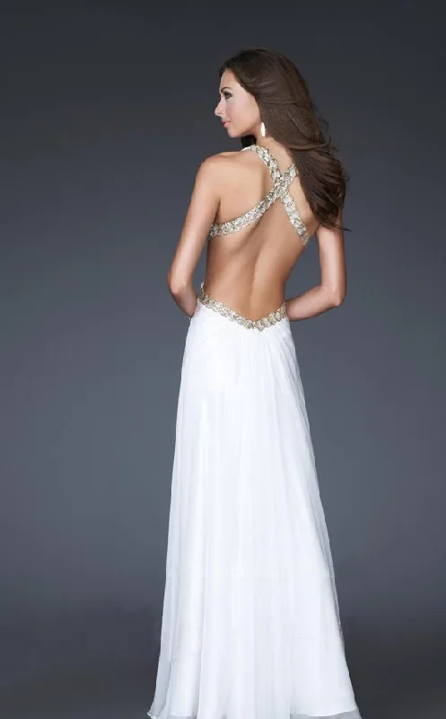 La Femme - 16100 Gold Strap Crisscross Back Halter Style Evening Gown