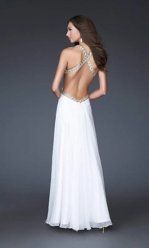 La Femme - 16100 Gold Strap Crisscross Back Halter Style Evening Gown