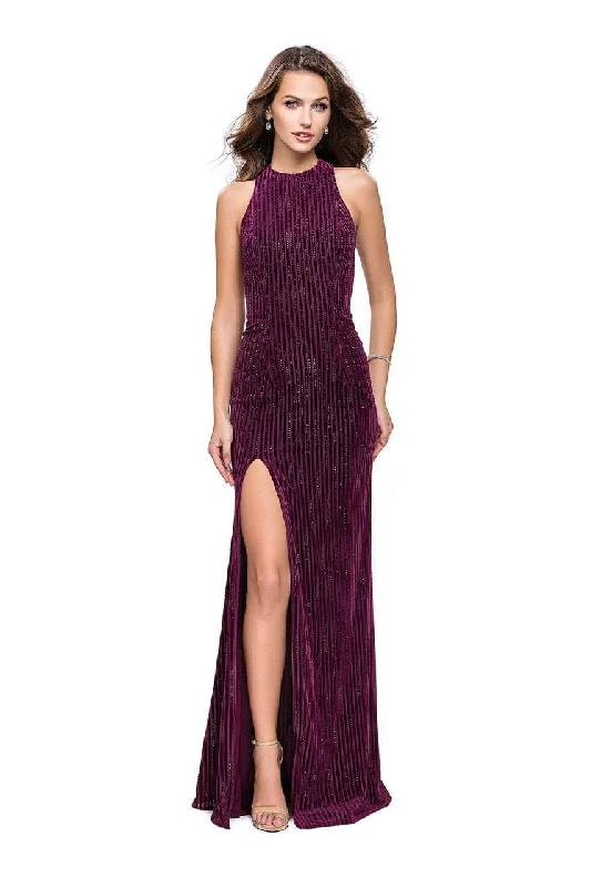 La Femme - 26116 Vertical Beaded Halter Velvet Sheath Dress