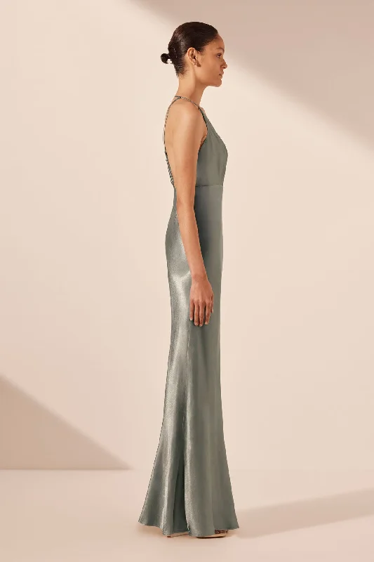 LA LUNE PLUNGED OPEN BACK HALTER MAXI DRESS - SAGE