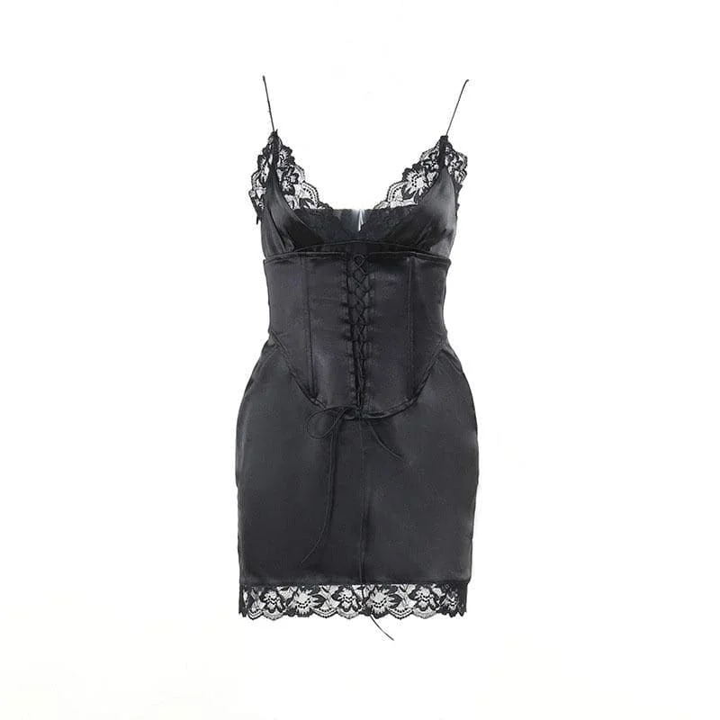 BerryBetty - Lace hem solid v neck lace up corset sleeveless mini dress