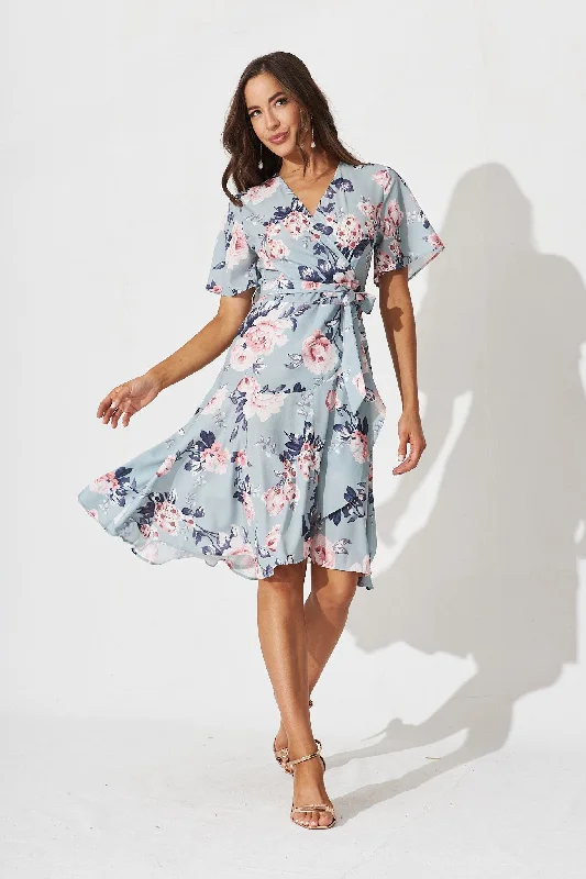 Lacey Wrap Dress In Blue With Pink Floral