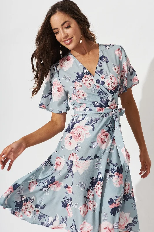 Lacey Wrap Dress In Blue With Pink Floral