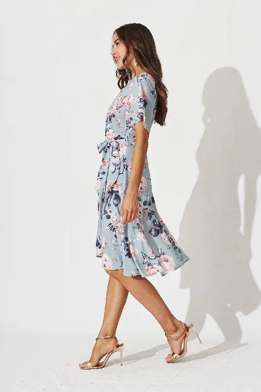 Lacey Wrap Dress In Blue With Pink Floral