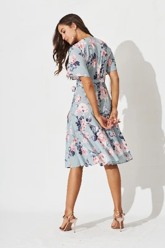 Lacey Wrap Dress In Blue With Pink Floral