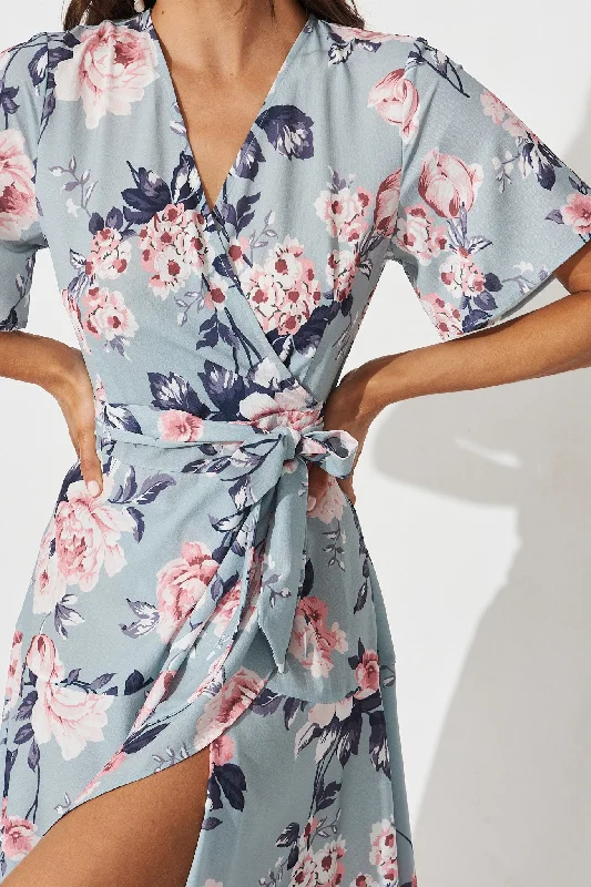 Lacey Wrap Dress In Blue With Pink Floral