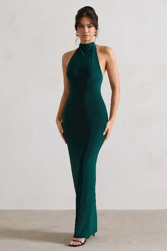 Larisa | Bottle Green Cowl Halter-Neck Maxi Dress With Back Detail