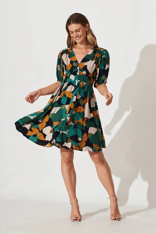 Laurie Dress In Teal With Mustard Print