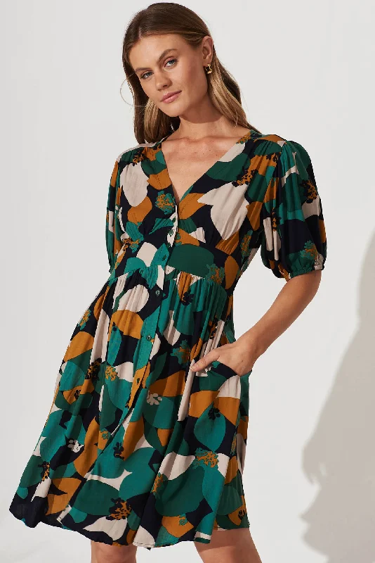 Laurie Dress In Teal With Mustard Print