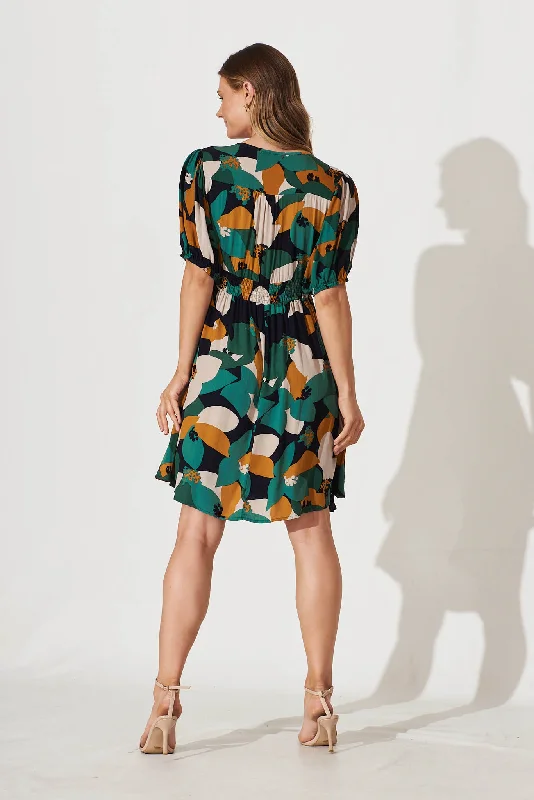 Laurie Dress In Teal With Mustard Print