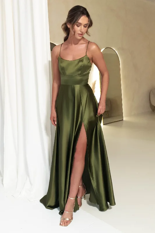 Leelie Silky Satin Maxi Gown | Olive