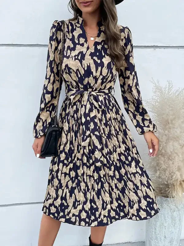 Leopard Print Hem Pleated Long Sleeve Dress