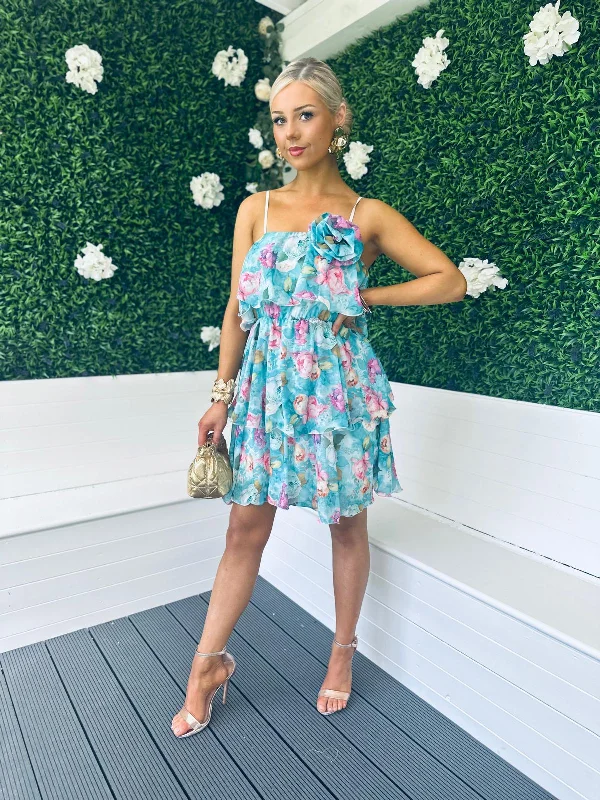 Lian Layered Mini Dress Floral Aqua