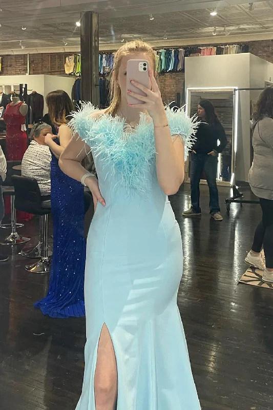 Light Blue Feathered Neck Mermaid Long Prom Dress With Slit