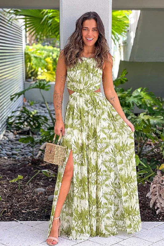 Lime Printed Maxi Dress With Slit