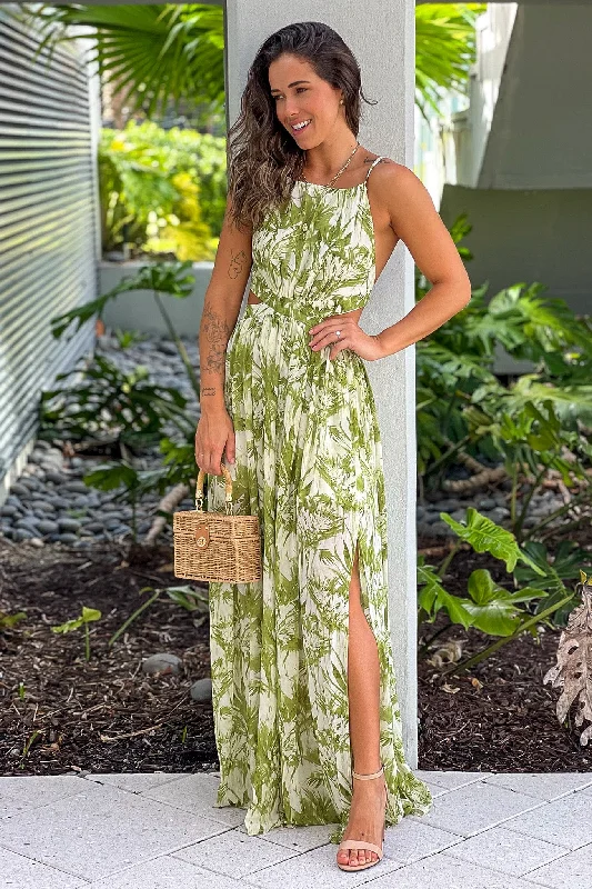 Lime Printed Maxi Dress With Slit