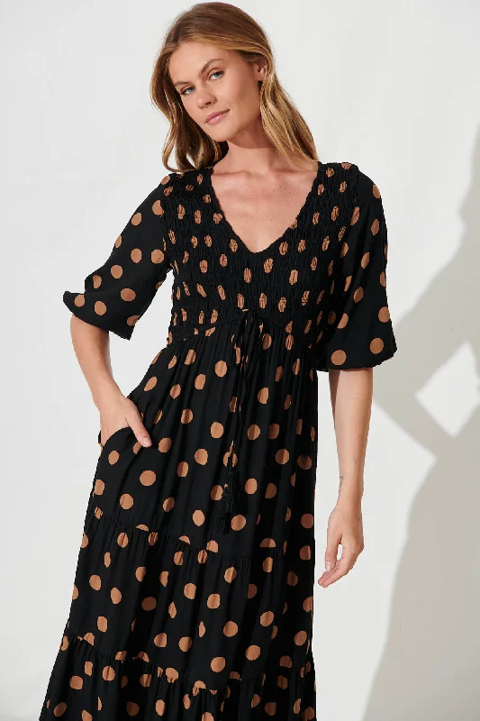 Linda Midi Dress In Black With Brown Spot