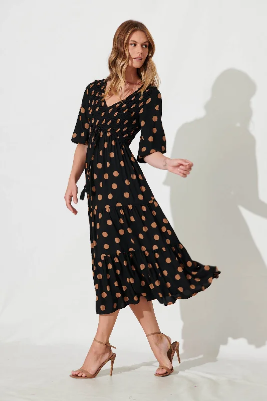 Linda Midi Dress In Black With Brown Spot