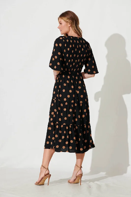 Linda Midi Dress In Black With Brown Spot