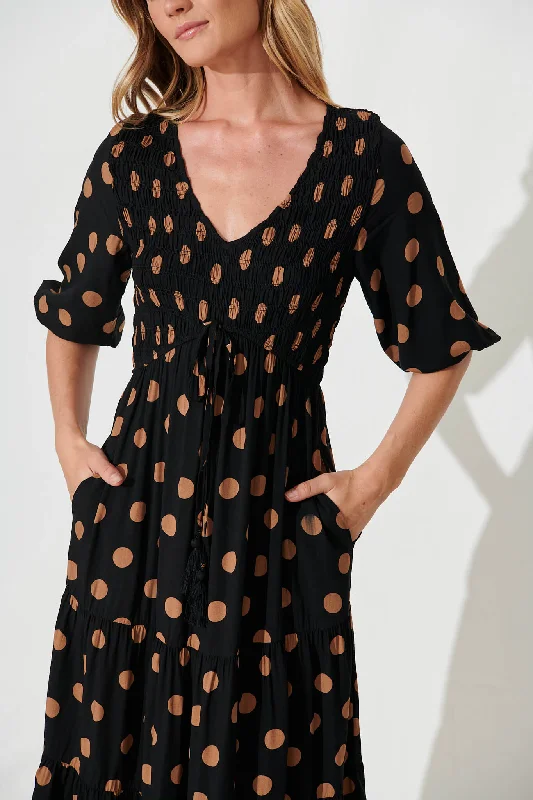 Linda Midi Dress In Black With Brown Spot