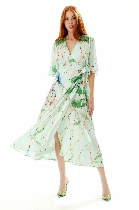 Liquorish Bird Print Maxi Wrap Dress In Mint Green