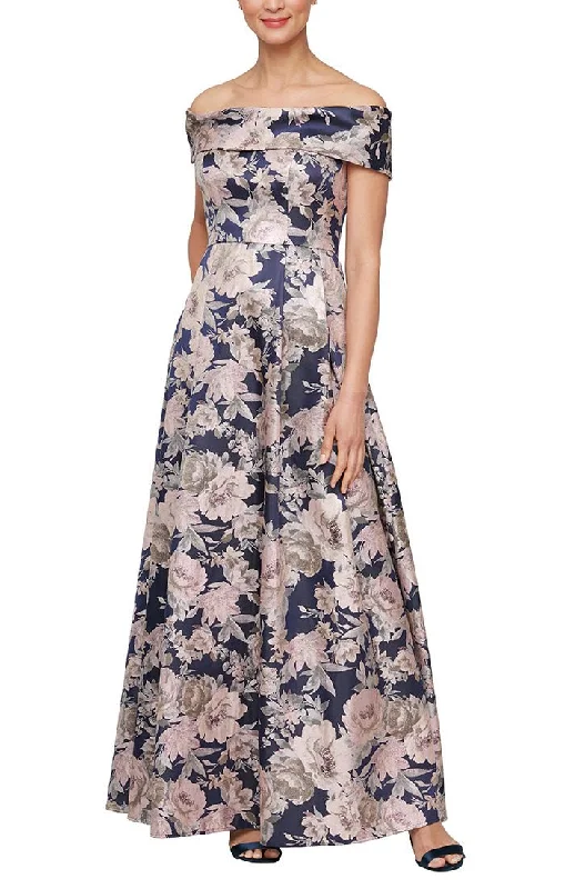 Long Off-the-Shoulder Printed Jacquard Ballgown with Pockets