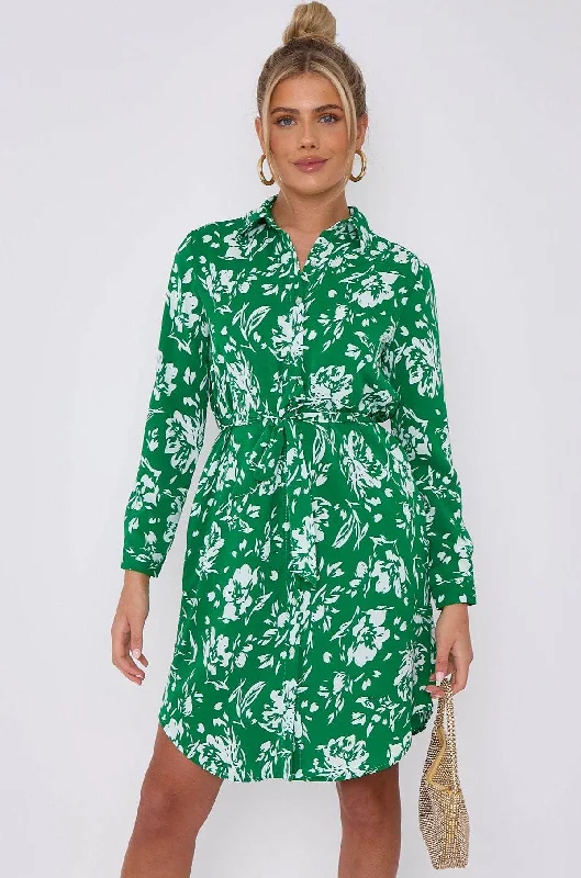 LOVE SUNSHINE Green Floral Print Mini Shirt Dress