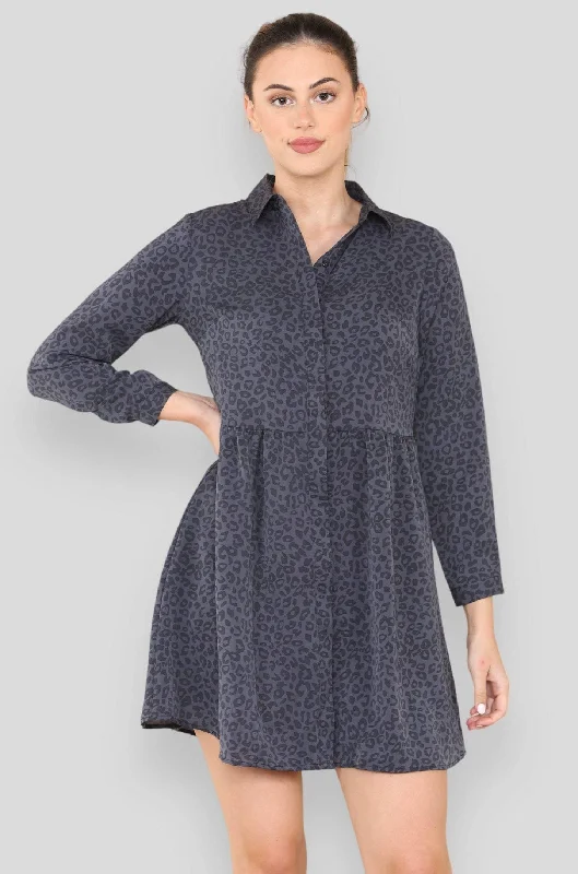 LOVE SUNSHINE Navy Leopard Print Smock Mini Shirt Dress