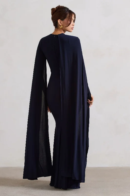 Magdelena | Navy Asymmetric Cape Maxi Dress