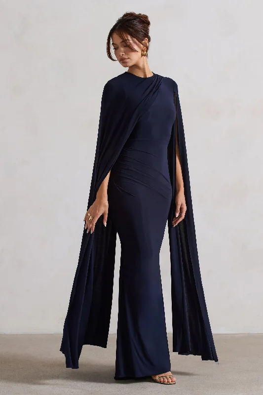 Magdelena | Navy Asymmetric Cape Maxi Dress