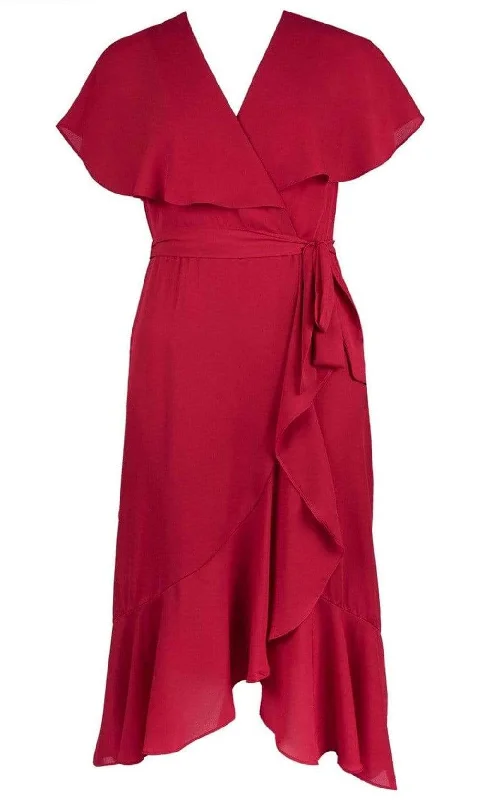 Maison Tara - 95071M Cape Sleeved Illusion Wrap Ruffle Dress