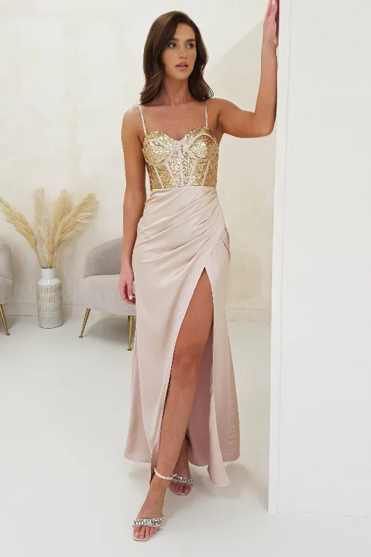 Margaux Satin Corset Maxi Dress | Gold