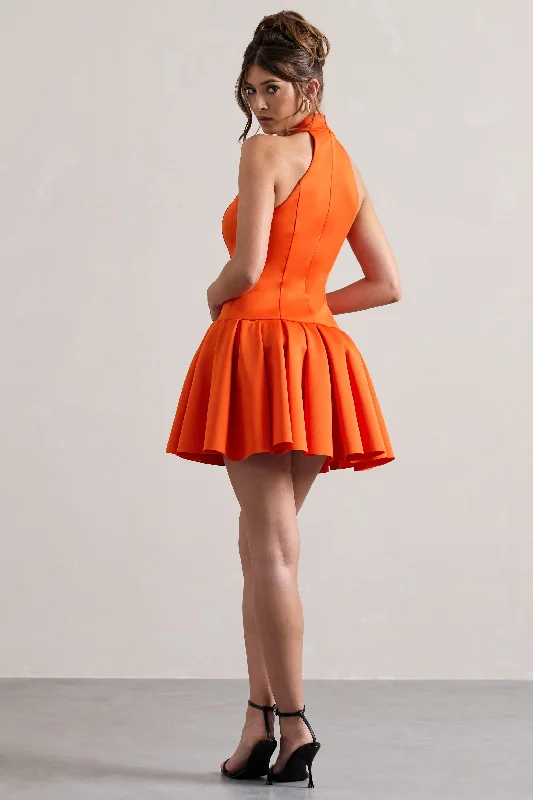 Masterpiece | Orange High-Neck Mini Dress With Volume Hem