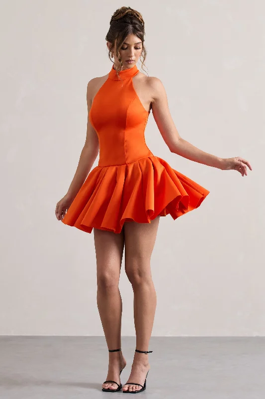 Masterpiece | Orange High-Neck Mini Dress With Volume Hem