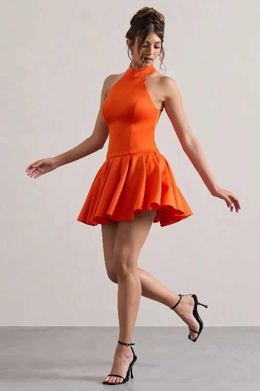 Masterpiece | Orange High-Neck Mini Dress With Volume Hem