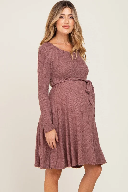 Mauve Soft Rib Knit Sash Tie Maternity Dress