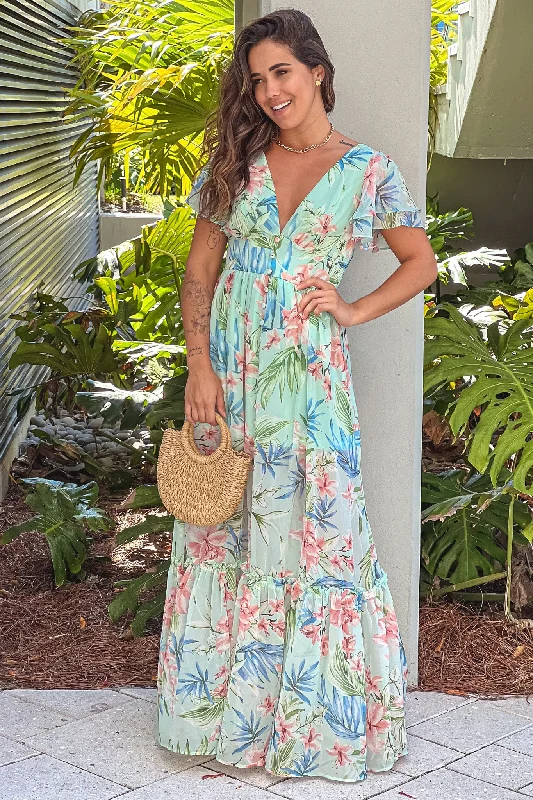 Mint Floral V-Neck Maxi Dress With Open Back