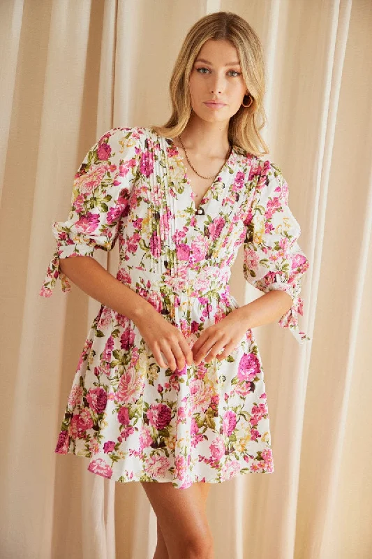 Multi Floral Button Dress Puff Sleeve Rose Floral