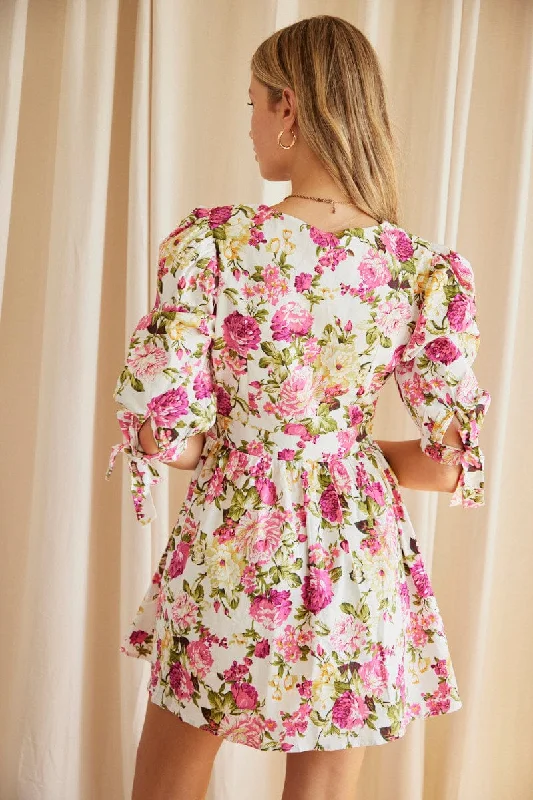 Multi Floral Button Dress Puff Sleeve Rose Floral