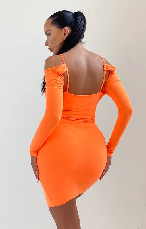 Neon Orange Cold Shoulder Long Sleeve Cut Out Mini Dress - Maya