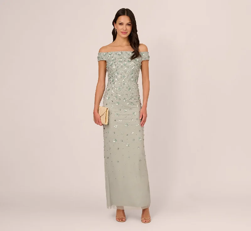 Off Shoulder Dress With Floral Embellishment In Frosted Sage