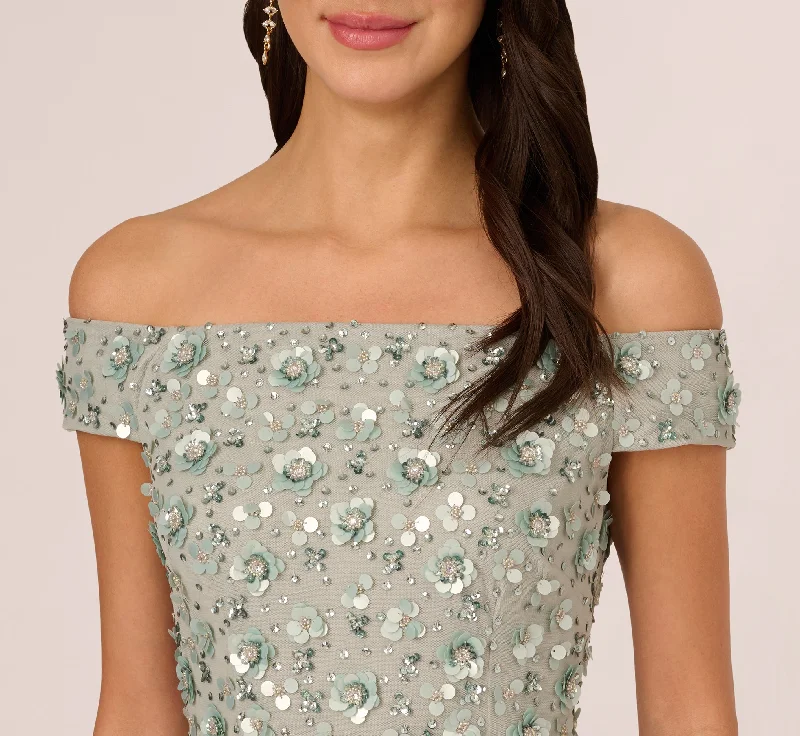 Off Shoulder Dress With Floral Embellishment In Frosted Sage