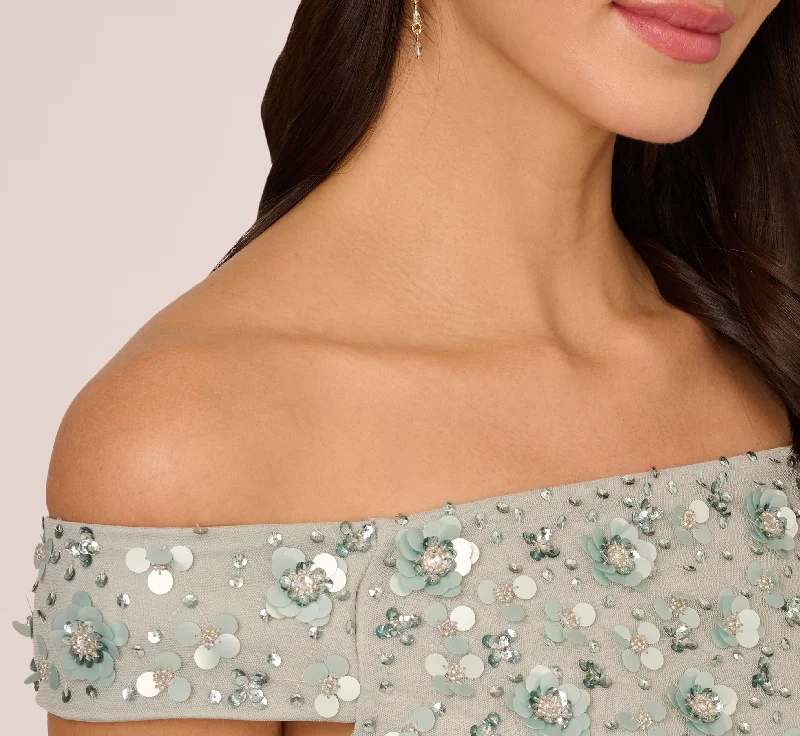 Off Shoulder Dress With Floral Embellishment In Frosted Sage