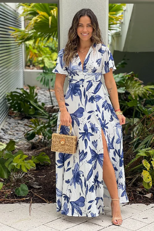 Off White And Blue Floral Maxi Dress With Slit