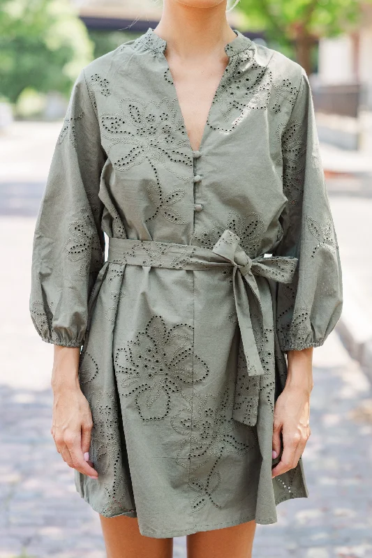 On This Day Olive Green Eyelet Dress